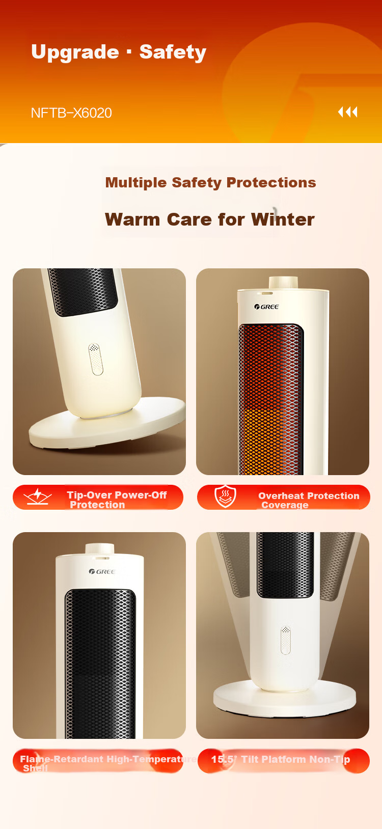 Gree NuanSui Warm Air Heater DC Dual-Engine Graphene Small Sun Home Oscillating Electric Heater Energy-Saving Electric Heater Electric Fan Heater NFTB-X6020 11
