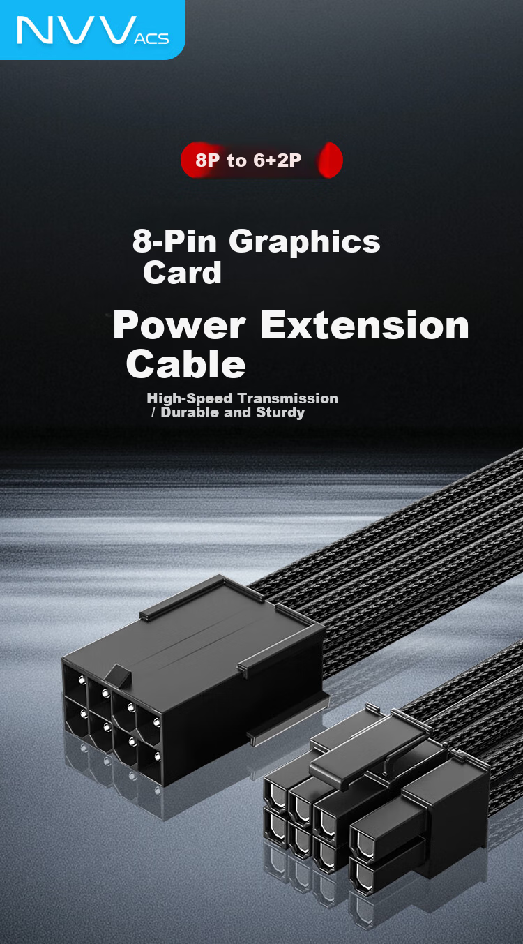 NVV 8pin GPU Power Extension Cable Desktop Graphics Card Power Adapter Modular Wire Tinned Copper 8P to 6+2P Male to Female Extension Cable White NZ-DYX3 White 1