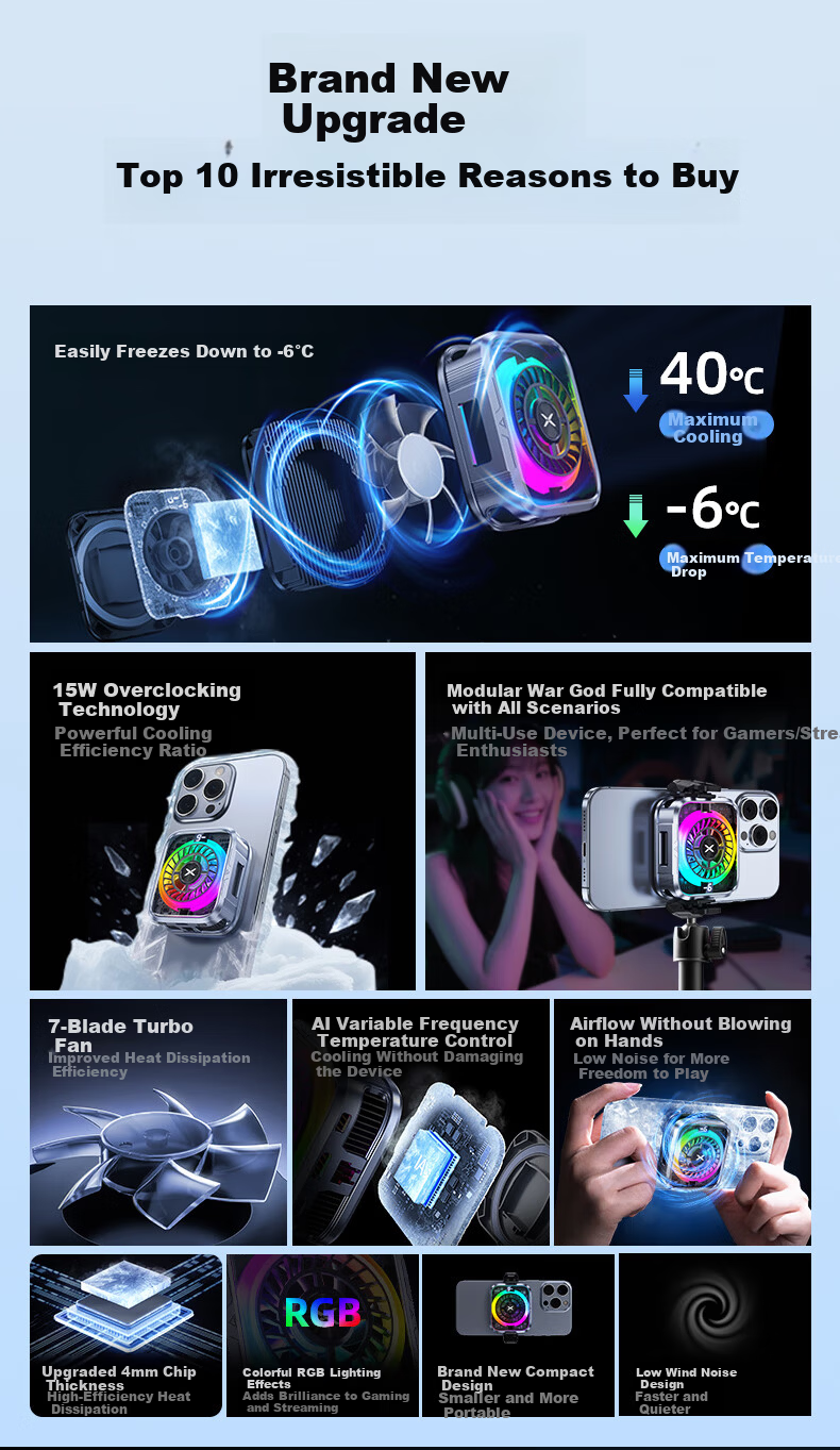 Future Series Semiconductor Magnetic Phone Cooler Gaming Dedicated Variable Frequency 15W True Ice RGB Lighting Back Clip Live Streaming Tablet Cooling Device Compatible with Apple iPad 2