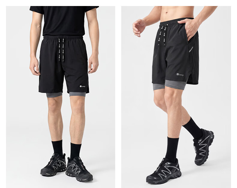 Keep Men's Swim Trunks Double-Layer Sports Running Perforated Four-Point Swimming Shorts 130 Black L 16