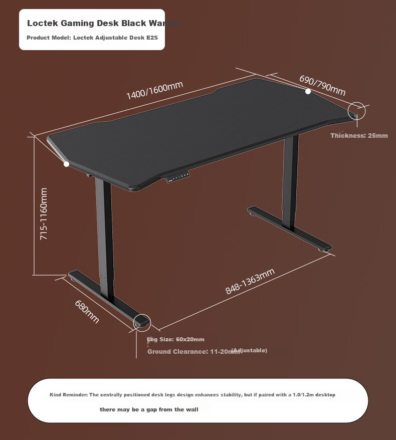 Loctek Black Warrior PRO Dual Motor Solid Wood Electric Adjustable Gaming Desk 1.4m Rubberwood 22