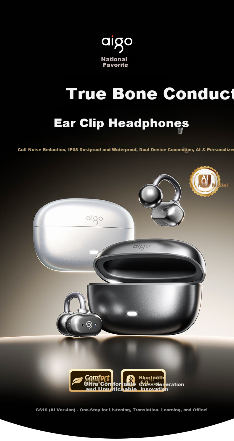 Aigo True Bone Conduction Clip-On Bluetooth Kids Earphones IP68 Waterproof Open-Ear Wireless Sports Noise-Cancelling Headset GS10 Purple 1