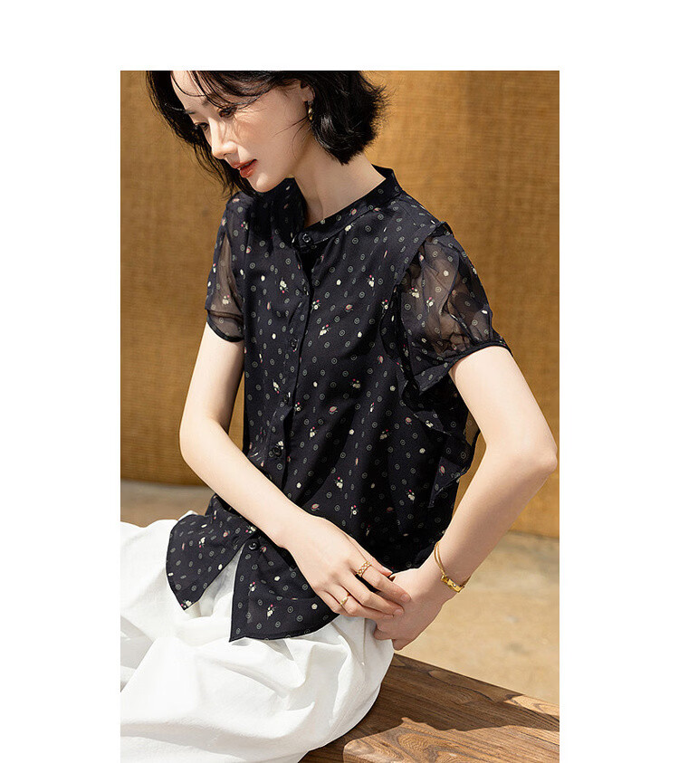 Demana Elegant Urban Summer Fresh Print Stand Collar Lace Sleeve Loose Lightweight Slim Shirt for Women Premium Quality 10