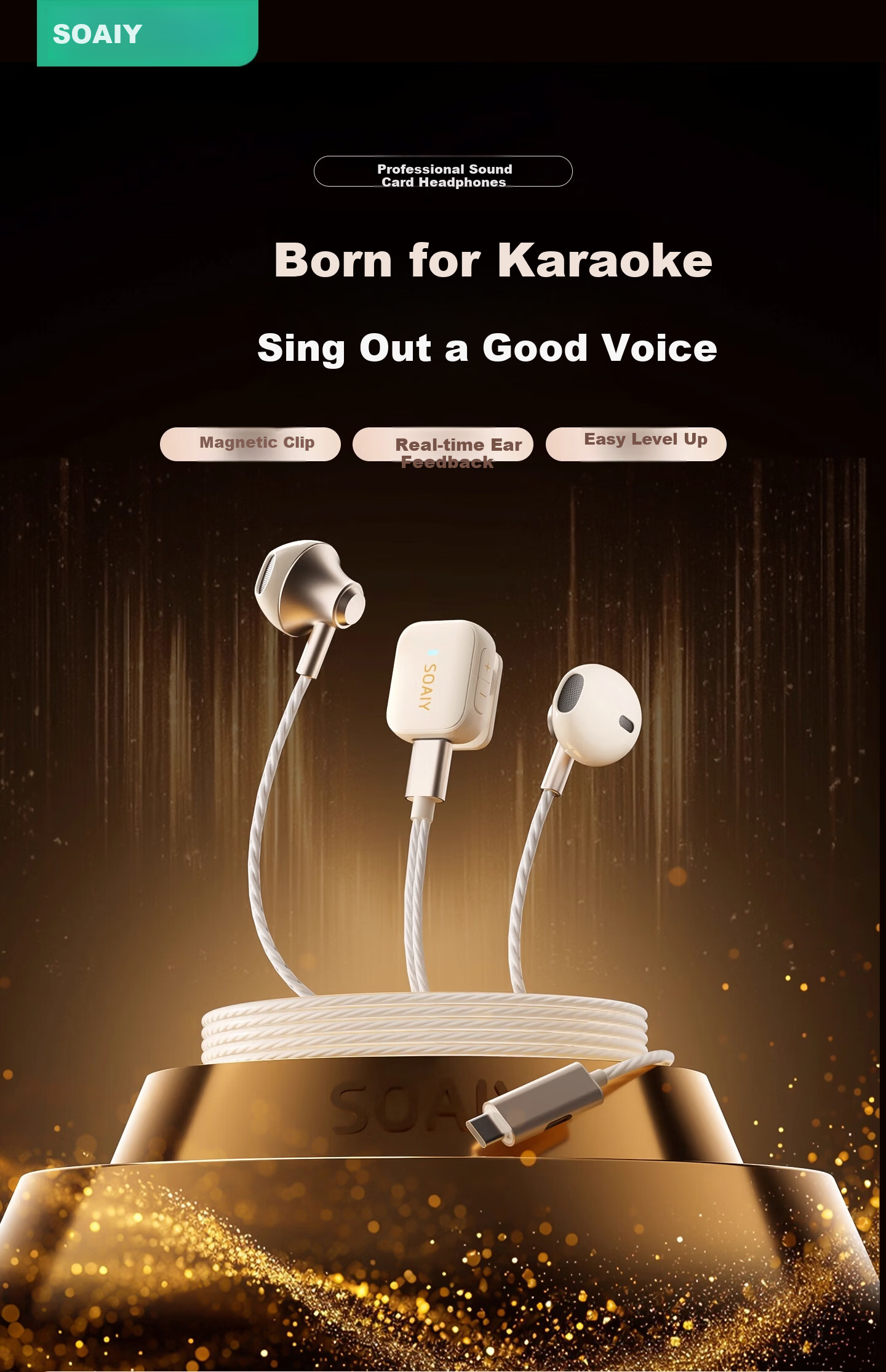 Soaiy Professional Karaoke Headphones with Real-Time Ear Monitoring, Built-in Sound Card, Microphone, Outdoor Live Streaming, PK Recording, Magnetic Clip Button Design, Dedicated Karaoke Headset 2