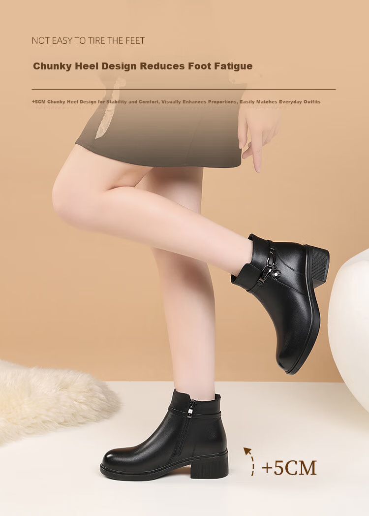 Red Dragonfly Women's Genuine Leather Short Boots Autumn Winter Fleece Lined Warm Thick Sole Chunky Heel Slim Boots WTC456961C Black Size 37 4