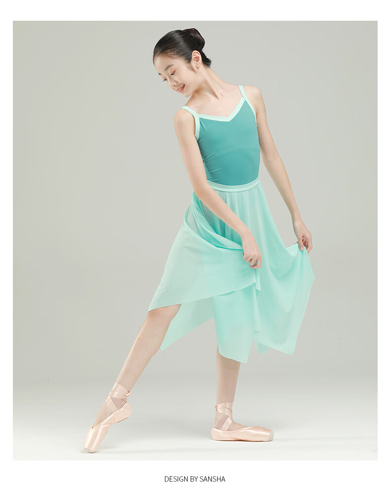 Sansha Girls' Ballet Leotard, Color-Block V-Neck Spaghetti Strap Bodysuit for Children's Dance Practice, Light Blue, Size S 13