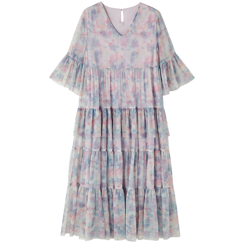 Demana Elegant Urban Summer French V-Neck Printed Flared Sleeve Patchwork Loose Slim Dress for Petite Women