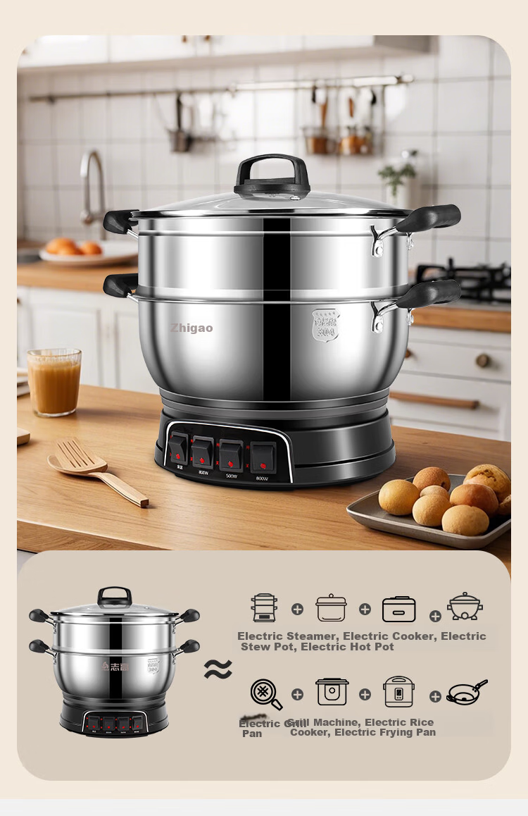 CHIGO Electric Steamer Pot [0 Coating 0 Plastic] Household Multifunctional Stew, Steam, and Cook Electric Hot Pot Stainless Steel Steamer Basket 12.5L Large Capacity Multi-Purpose Double-Layer Pot 3