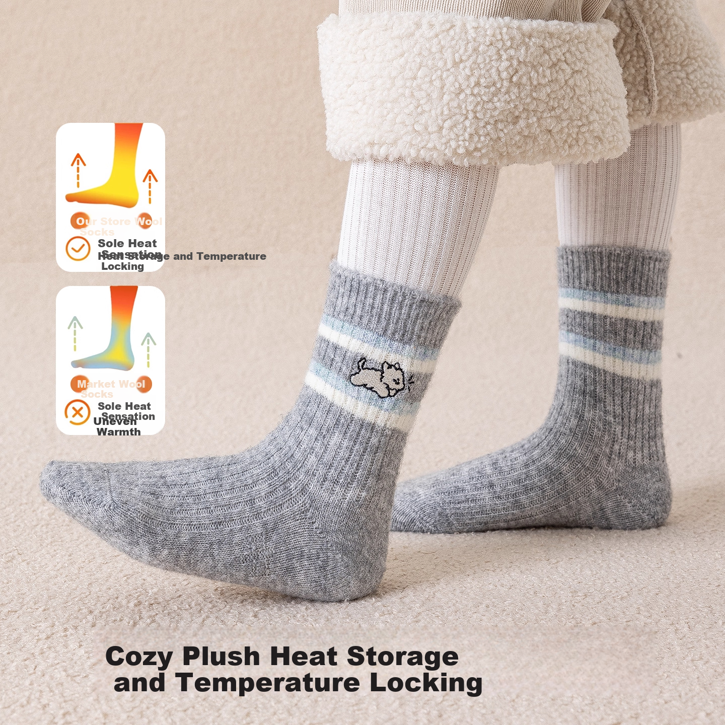 MiiOW Girls' Thickened Autumn Winter Socks Kids Boys Korean Embroidered Puppy Colorblock Warm Mid-Calf Socks