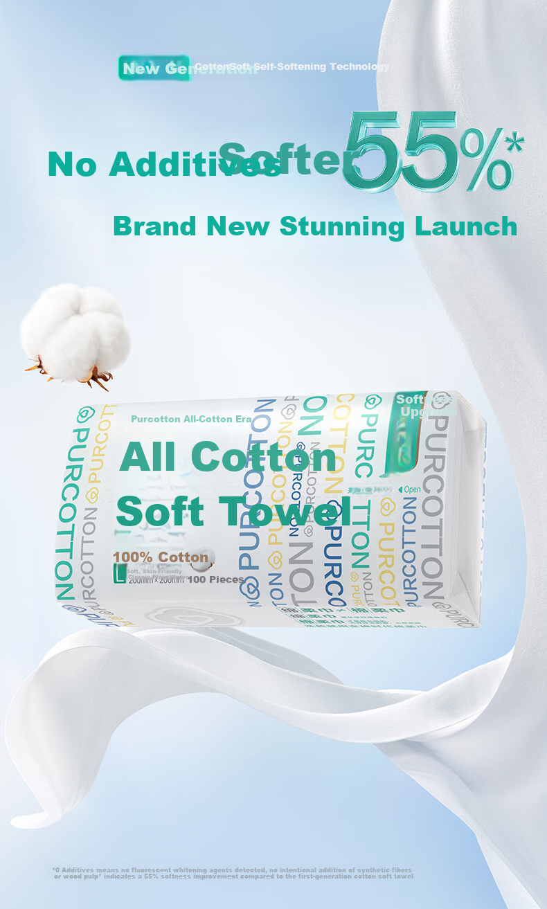 PurCotton Era [Sun Yingsha Edition] Facial Wipes 100 Sheets*6 Packs 100% Cotton Soft Disposable Towels 20*20CM 2