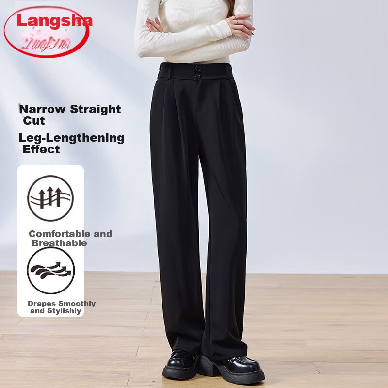 LangSha Women's High-Waist Wide-Leg Suit Pants Spring Autumn Draped Straight-Leg Slim Black Trousers