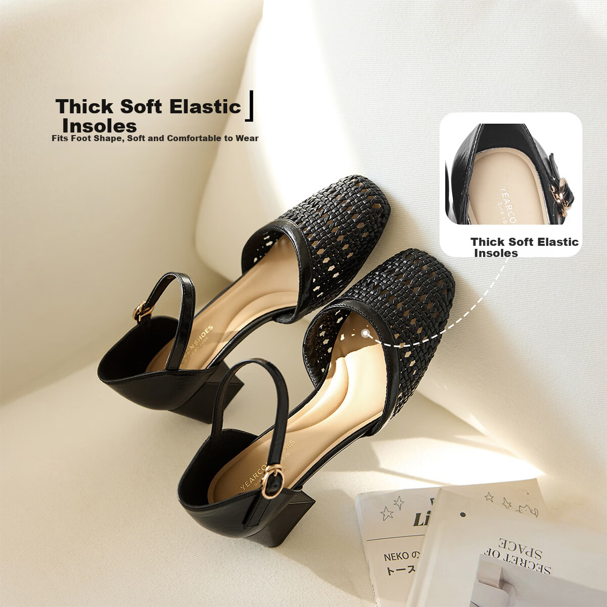 Eierkang Women's Shoes 520 Gift Hollow Mary Jane Shoes Chunky Heel Peep Toe Sandals Black 35 29865W