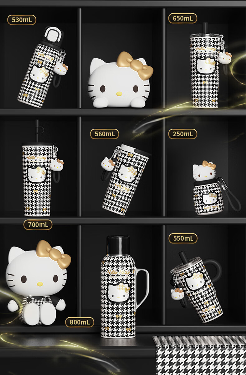 SANRIO Hello Kitty Houndstooth Black Gold Insulated Tumbler 316 Stainless Steel with Straw Gift 650ml 2