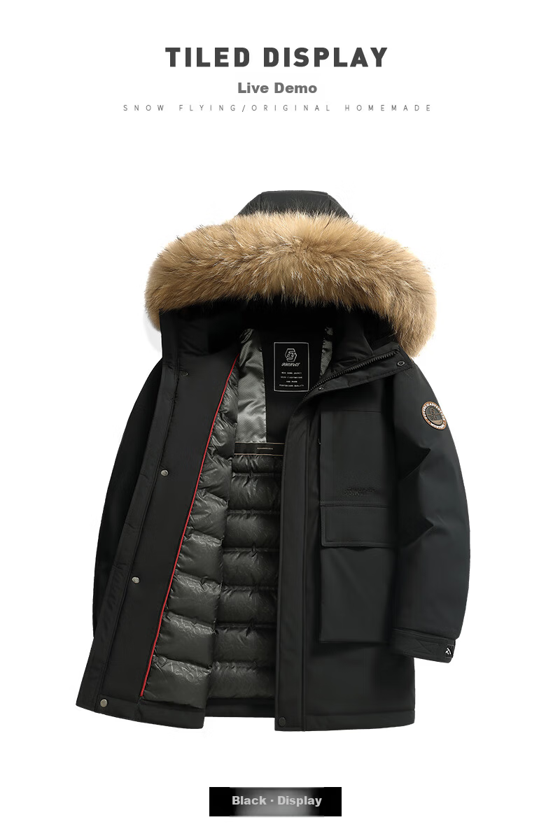 Snow Flying 90% Down Men's Winter Extreme Cold Mid-Length Hooded Casual Workwear Jacket with Fur Collar 190 7