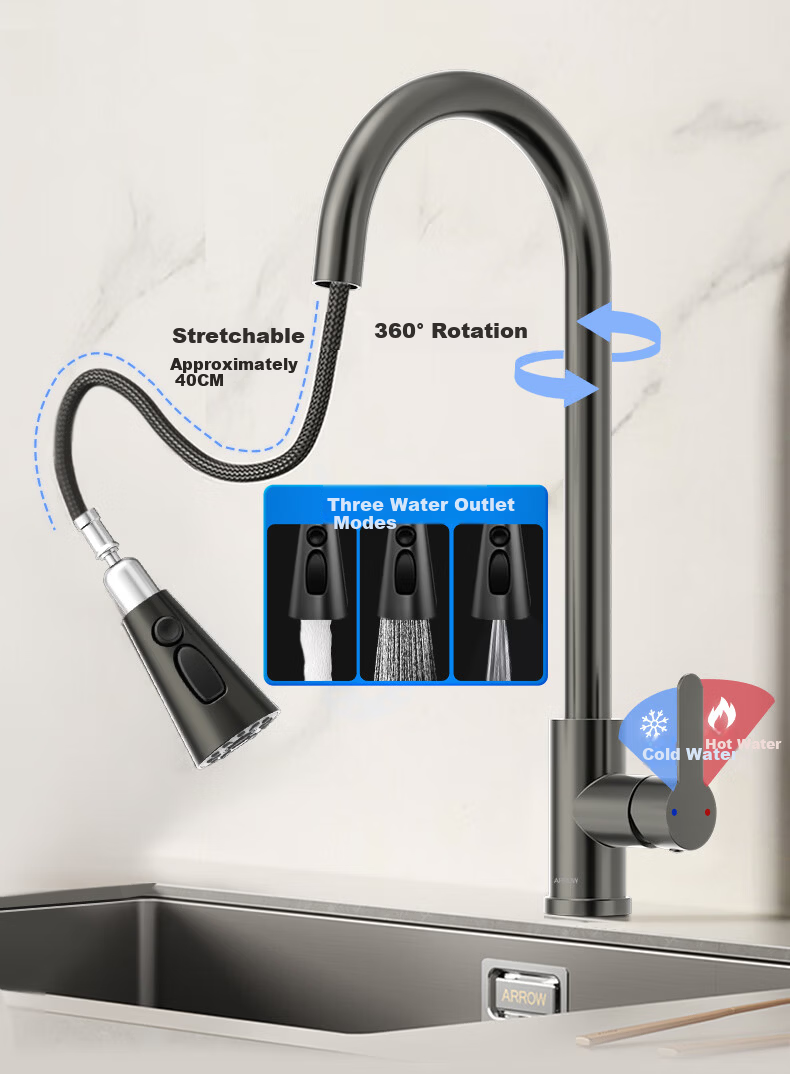 Arrow Black Kitchen Faucet Dual Control Hot and Cold Pull-Out Stainless Steel Sink Faucet 1