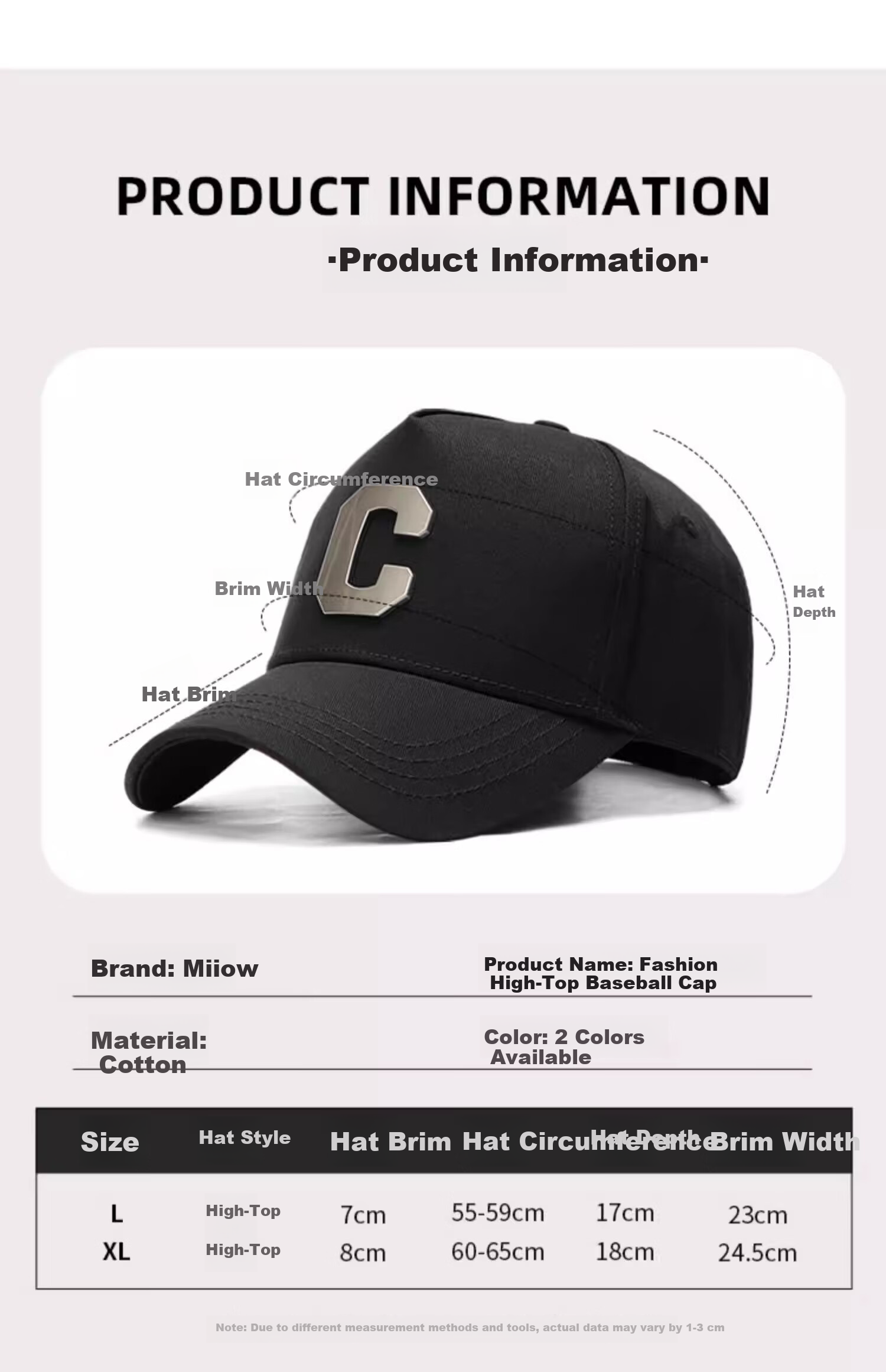 Miiow Men's New Deepened High-Top Baseball Cap C-Logo Large Head Circumference Outdoor Duckbill Hat Trendy Face-Slimming Brand 16