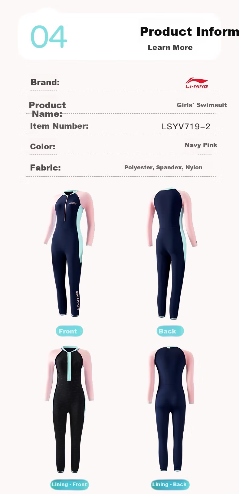 LI-NING Kids Girls One-Piece Long Sleeve Long Pants Swimsuit with Chest Pad Sun Protection Swimwear for Middle School and Older Children 9