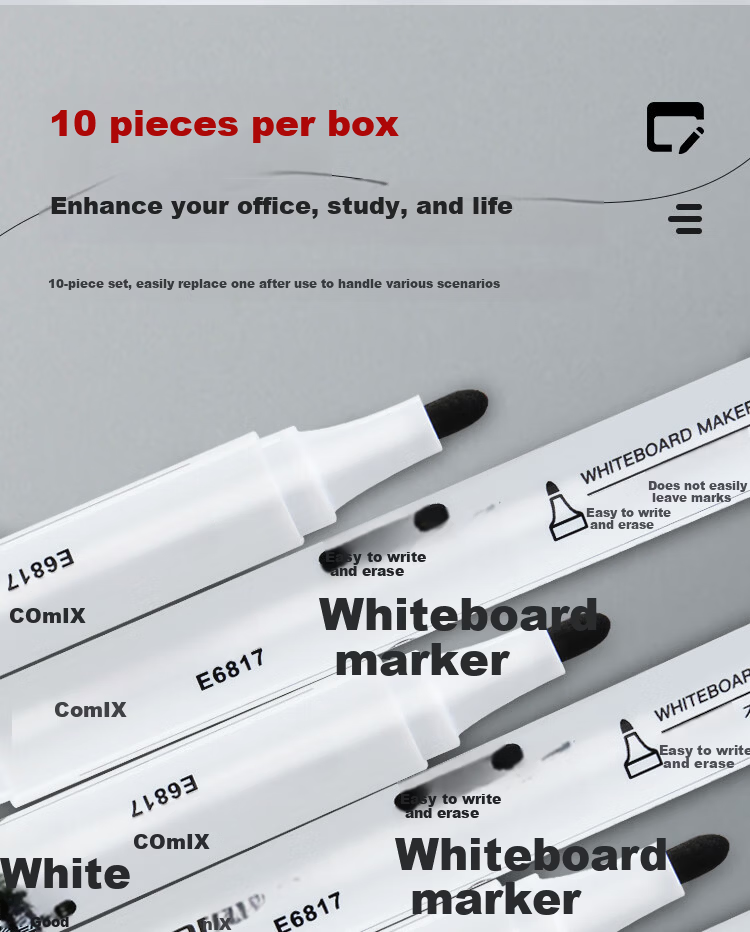 Comix Thick Tip Erasable Whiteboard Markers Durable Office Stationery Black 10pcs/Box E6817 8