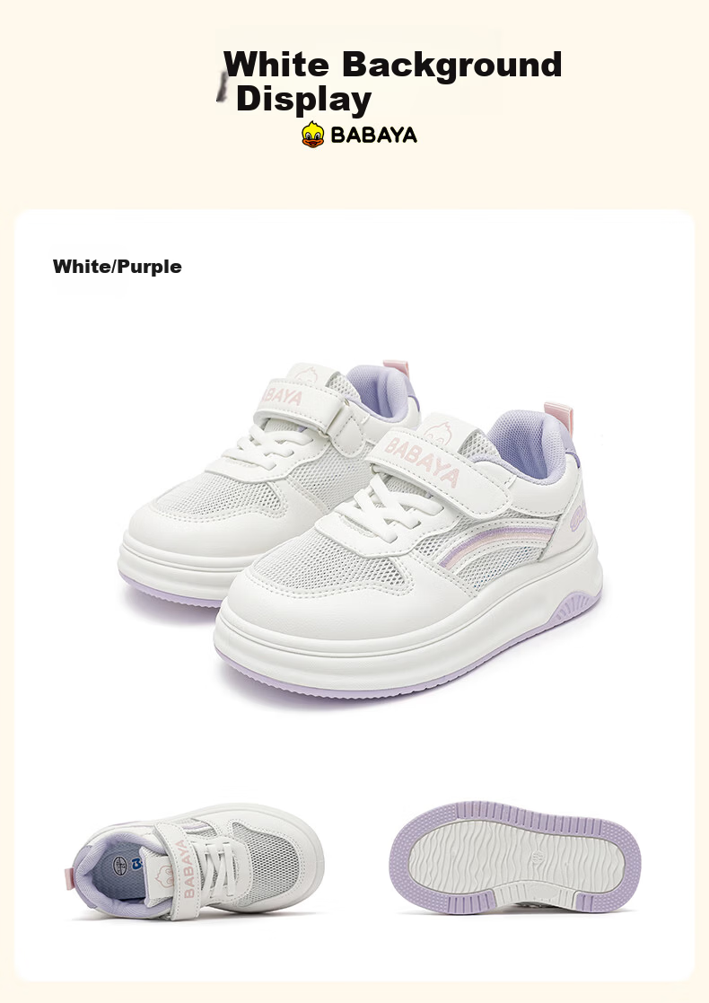 Baba Duck Girls' Low-Top Sneakers Summer Mesh Breathable Kids Sports Shoes Versatile White Purple 51820 Size 33 18