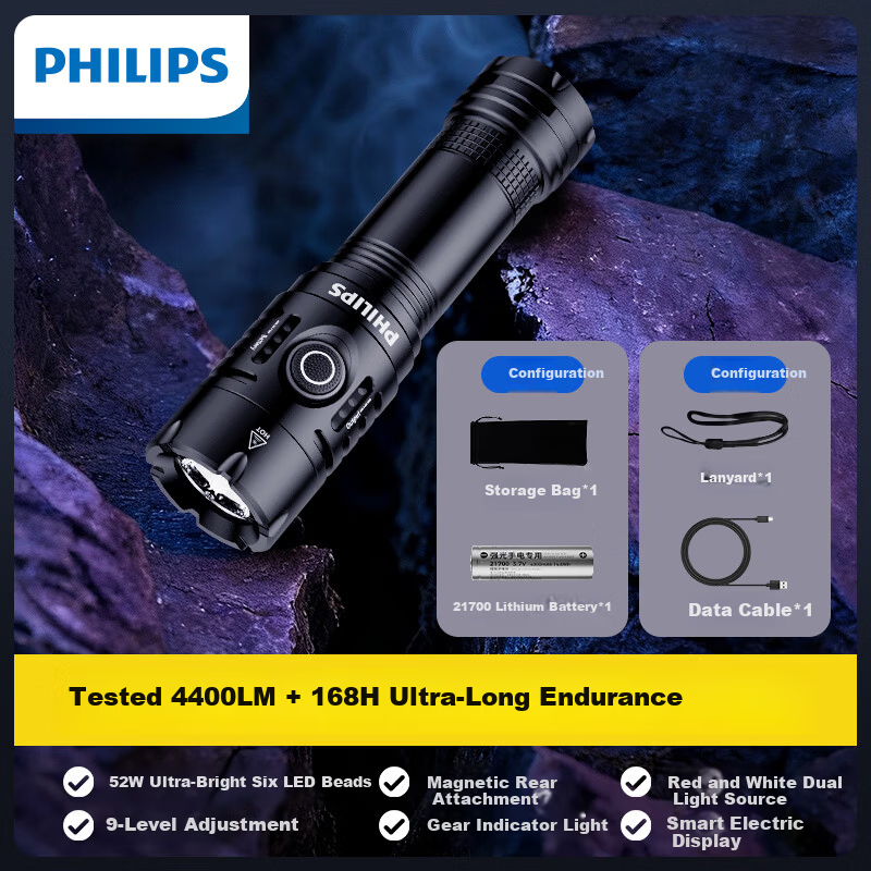 PHILIPS High-Power Flashlight Long Battery Life Outdoor Survival Ultra-Bright Military Long-Range Portable 200000 Lumens