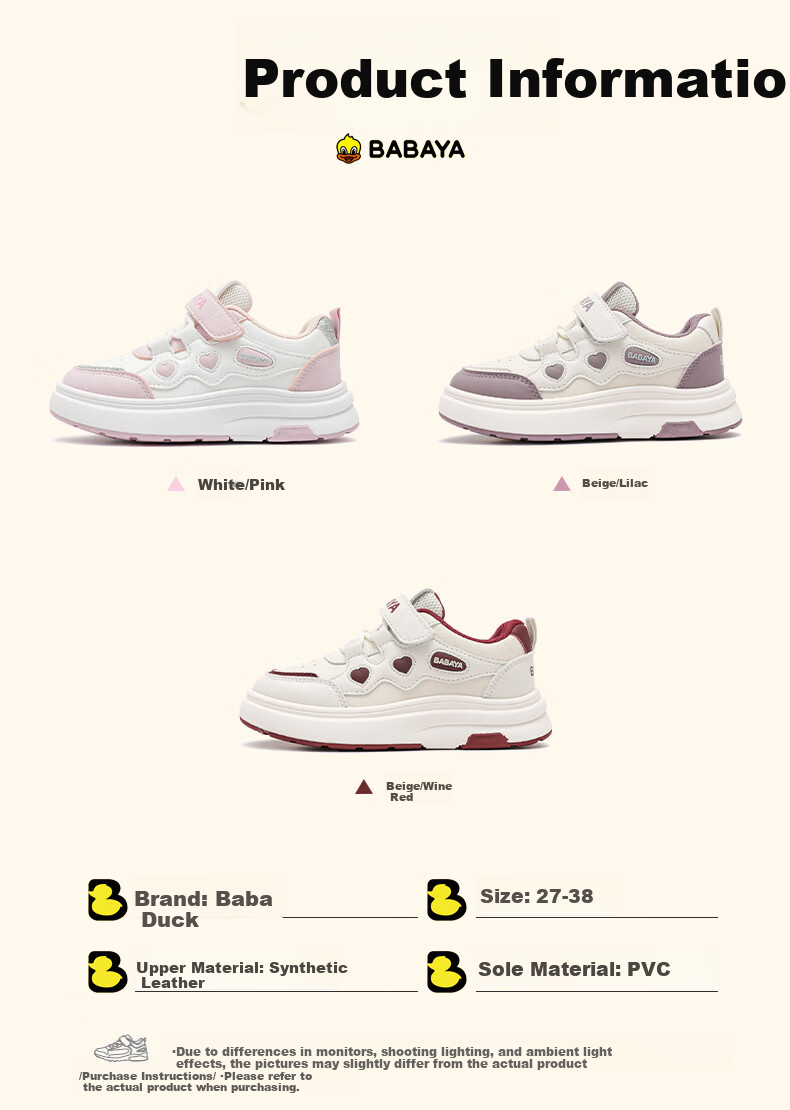 Baba Duck Kids Sports Shoes Girls High-Value White Sneakers School Casual Skate Shoes 51856 White Pink Size 27 3