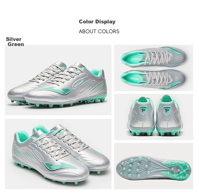 JOMA Men's Soccer Shoes MG Short Studs Adult Youth Student Competition Training Shoes Thunder 3.0 Silver/Green Size 40 12
