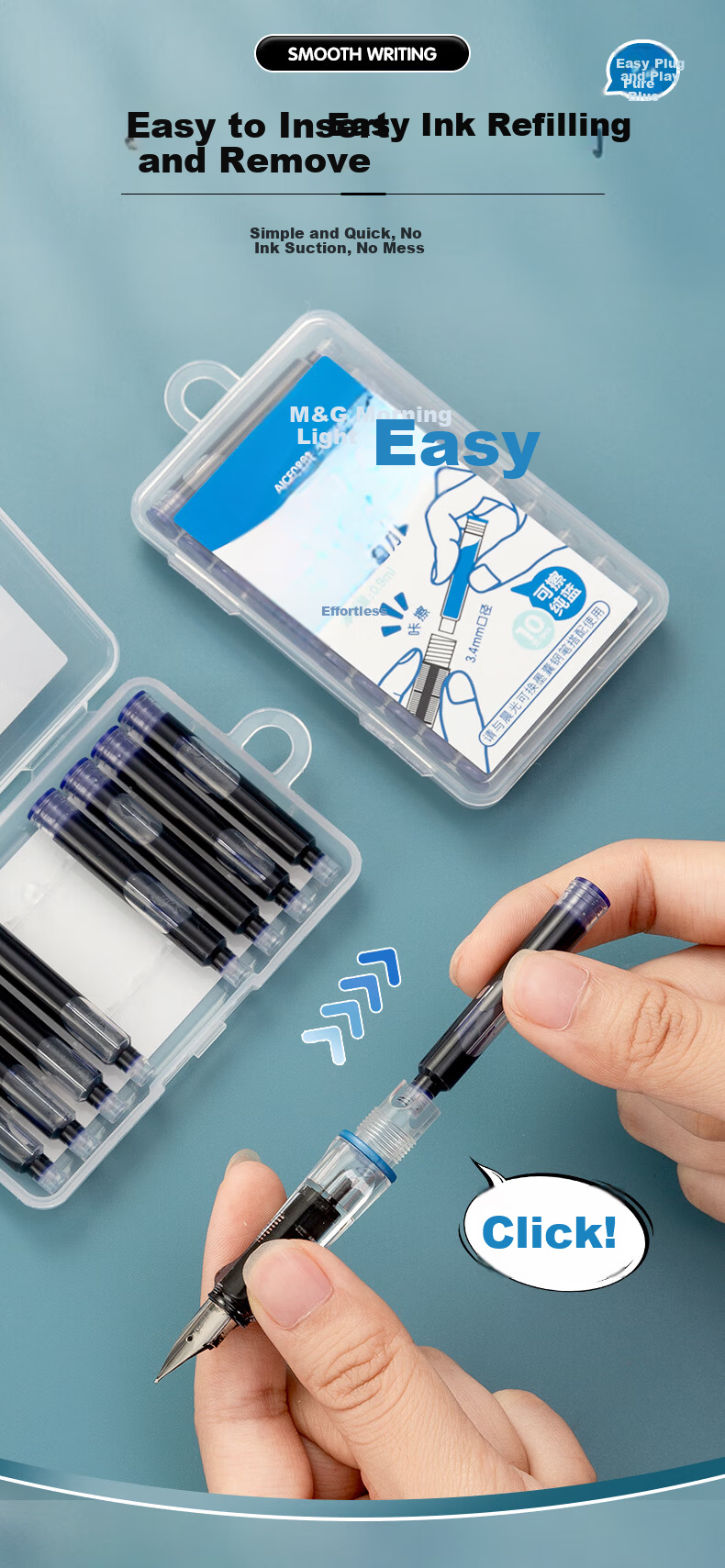 M&G Stationery Fountain Pen Ink Cartridges Refillable Ink Cartridges Disposable Fountain Pen Ink Refills Easy to Insert and Replace 10-Pack Pure Blue 2