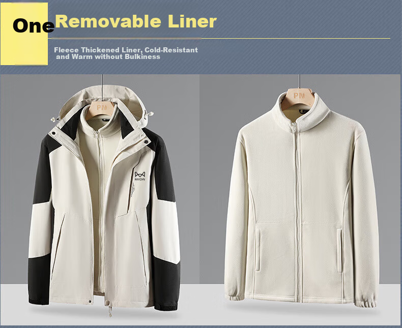 Miiow Men's Jacket Autumn Winter Thickened Outdoor 3-in-1 Detachable Sports Couple Off-Road Coat Beige XL 1