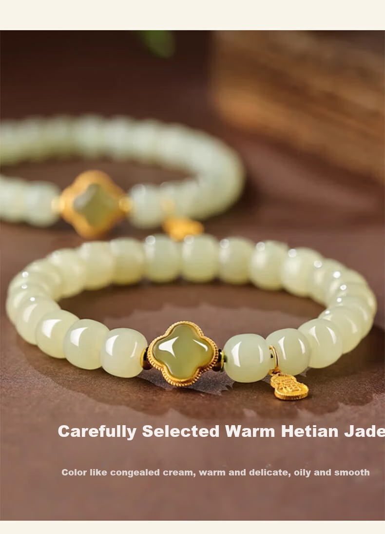 Chow Tai Fook Hetian Jade Four-Leaf Clover Silver Bracelet for Women Luxury Jade Beaded Bracelet Ring Birthday 520 Valentine's Day Gift for Girlfriend 3