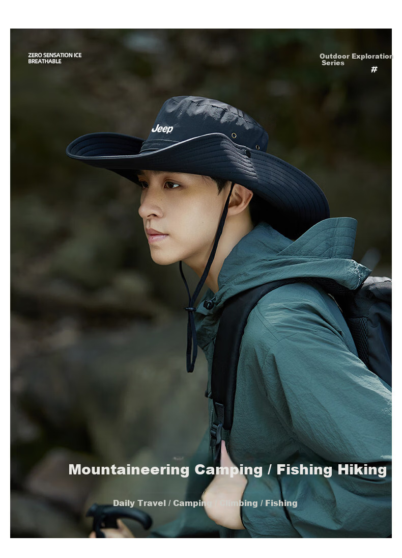 JEEP Men's Summer Fisherman Hat Large Brim UV Protection Mountaineering Sunshade Fishing Sun Hat for Women 7