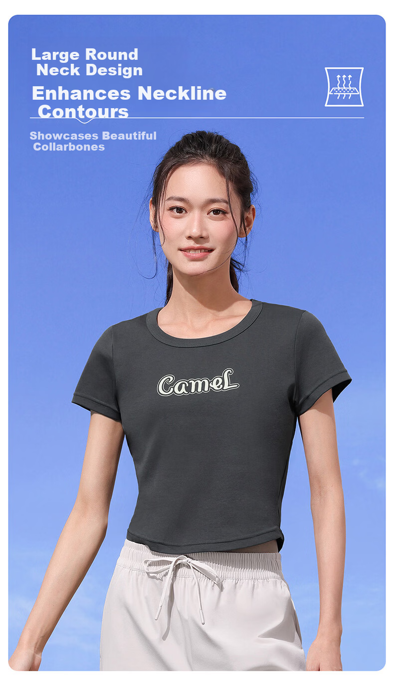 CAMEL Cotton-Feel Sports T-Shirt for Women Quick-Dry Breathable Casual Short Sleeve Top Y26BAVLZ020 Truffle Gray XL 4
