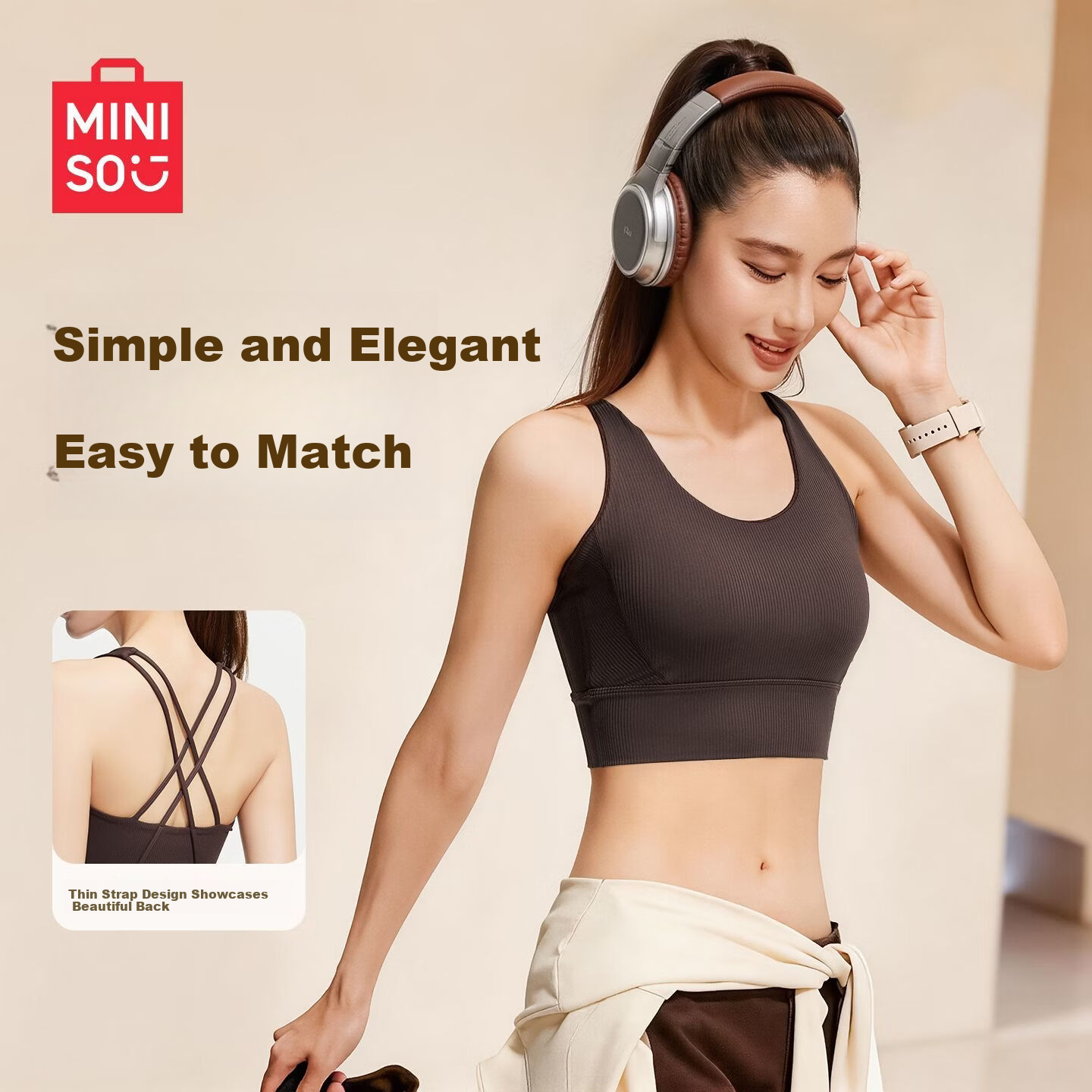 MINISO Women's Breathable Summer Striped Shockproof Sports Bra Cross Strap Yoga Fitness Outdoor
