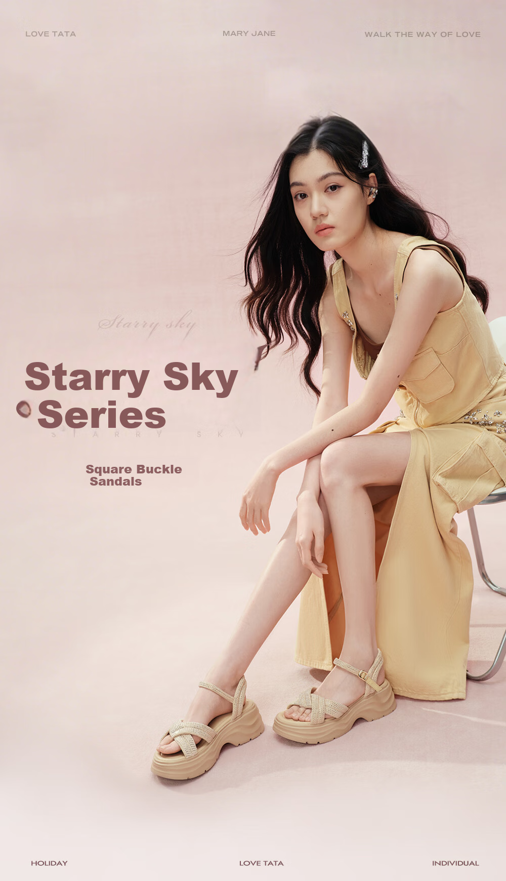 TATA Huang Shengyi Starry Sky Platform Sandals Women Beach Sandals CXT01BL6 Apricot 39 5