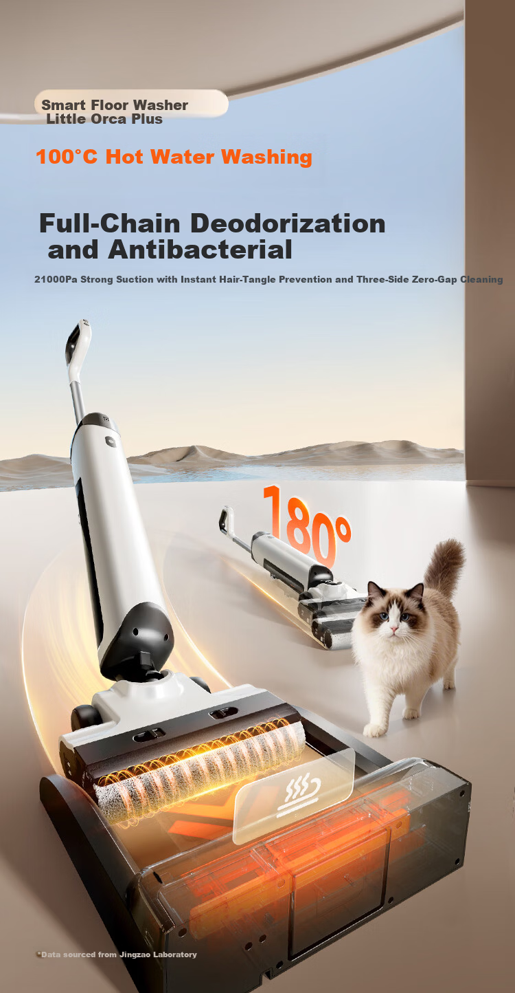 JD Jingzao Little Orca Plus Floor Washer 21KPa Suction 100℃ Hot Water Cleaning Wireless 3-in-1 Home Mop Vacuum Self-Cleaning Floor Cleaner Mother's Day Gift for Mom 3