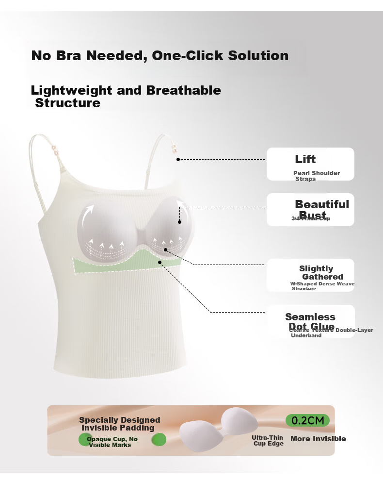 Herbal Original Color Women's Camisole Vest with Invisible Seamless Bra, Light Thin Pearl Thin Straps, Padded Base Layer, Beautiful Back Vest for All Seasons 2