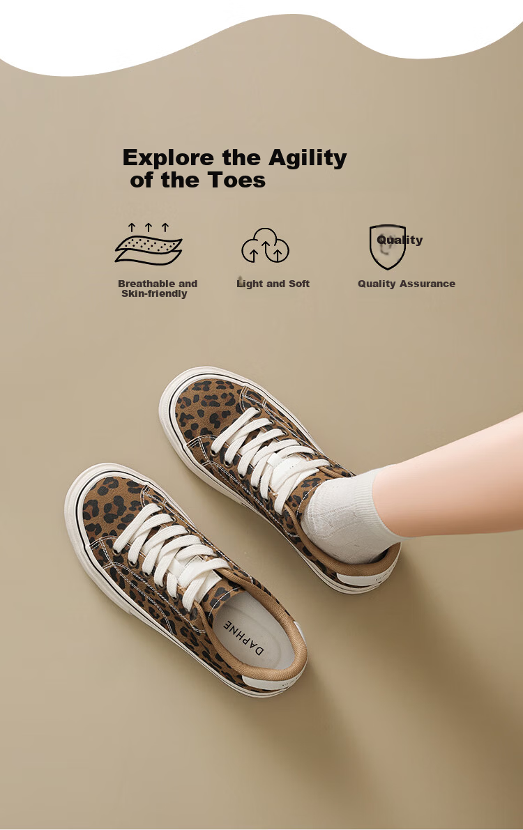 DAPHNE Women's Shoes 2026 Summer New Leopard Print Soft Sole Sneakers Casual Canvas Shoes Brown Size 38 5