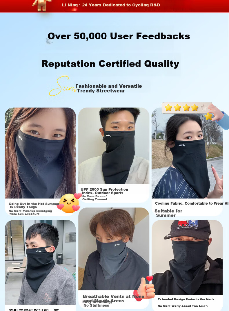 LI-NING Sun Protection Face Mask Ear-Hook Cycling Ice Silk Mosquito Repellent Mask Neck Gaiter Magic Scarf Windproof Dustproof Mountaineering Gear for Men and Women 2