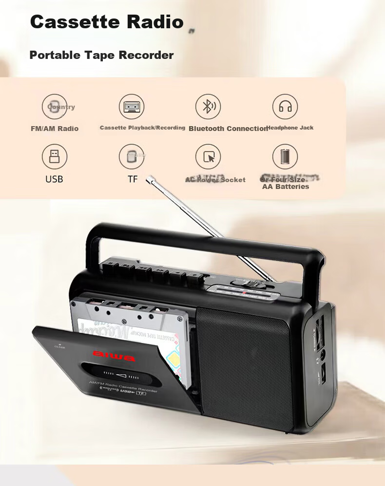 Aiwa CR-1 Bluetooth Speaker Retro Cassette Player Portable Radio USB TF Bluetooth Player Student Listening Device English Training Dual Power Black 6