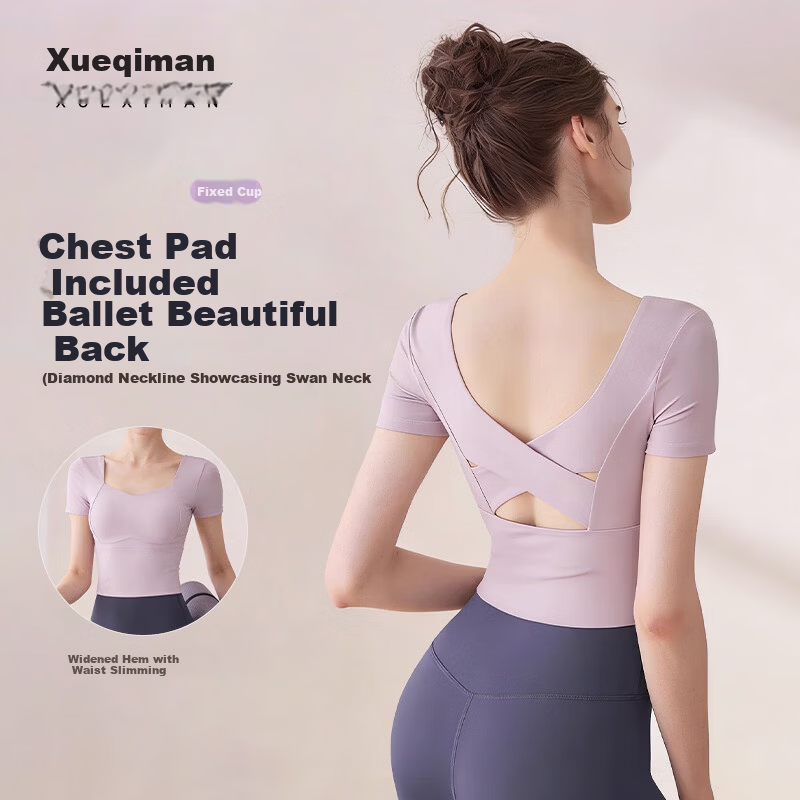 Xueqiman Women's Yoga Top 2026 New Quick-Dry Summer Premium Pilates Fitness Short Sleeve with Chest Pad