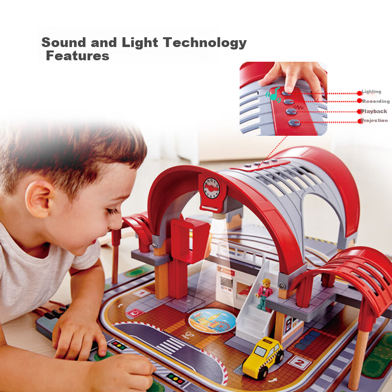 Hape (Germany) Children's Early Education Toy Train Track Sound and Light Deluxe City Train Station Gift for Boys and Girls E3725