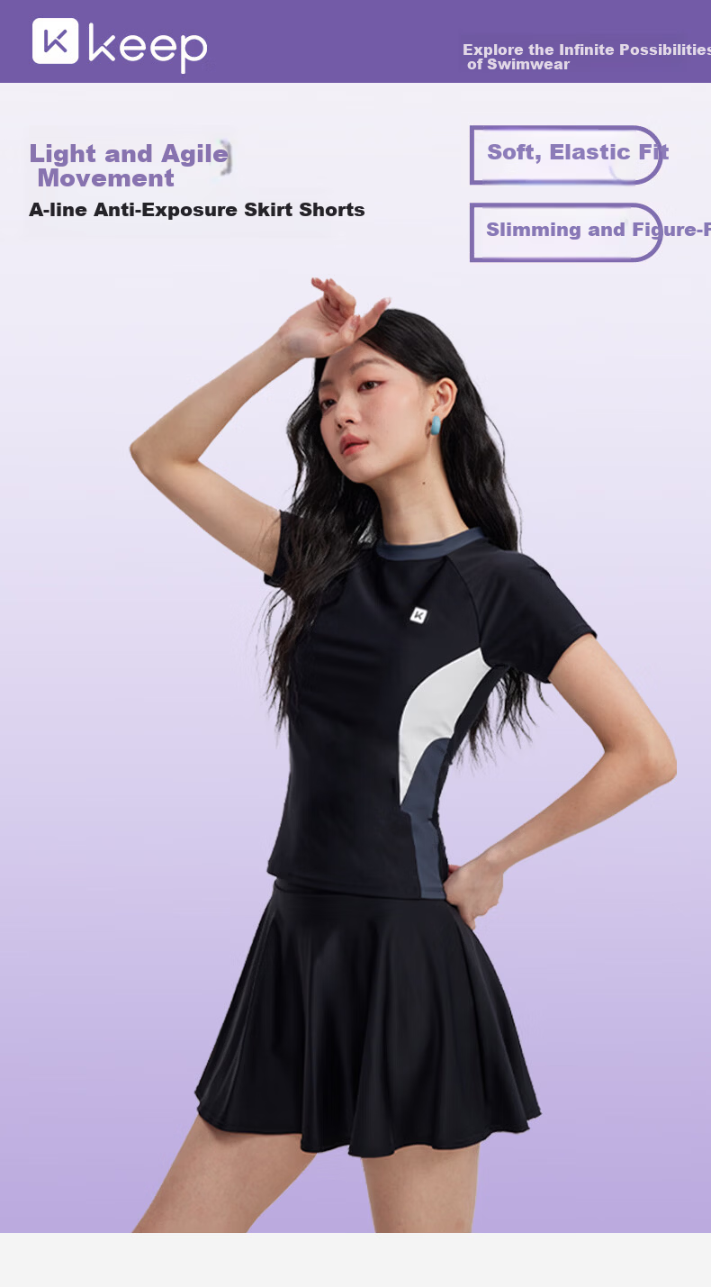 Keep Two-Piece Swimsuit for Women, Slim Waist, Hot Spring Skirt Style, Conservative Short Sleeve, Plus Size, Body Covering Swimwear, Black, M 1