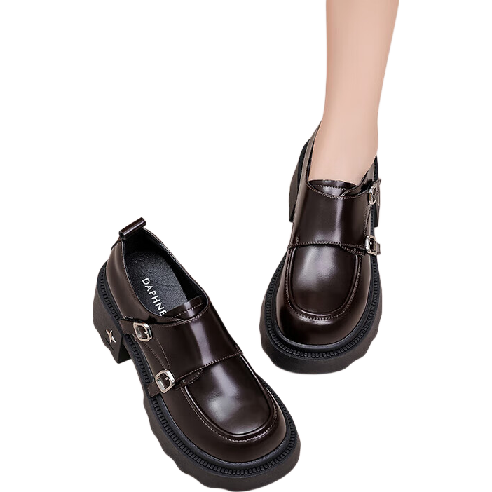 DAPHNE Thick-Soled Loafers for Women, Spring 2025 British Style Leather Shoes, Height-Increasing Shoes, Black Women's Flats, Brown, Size 40