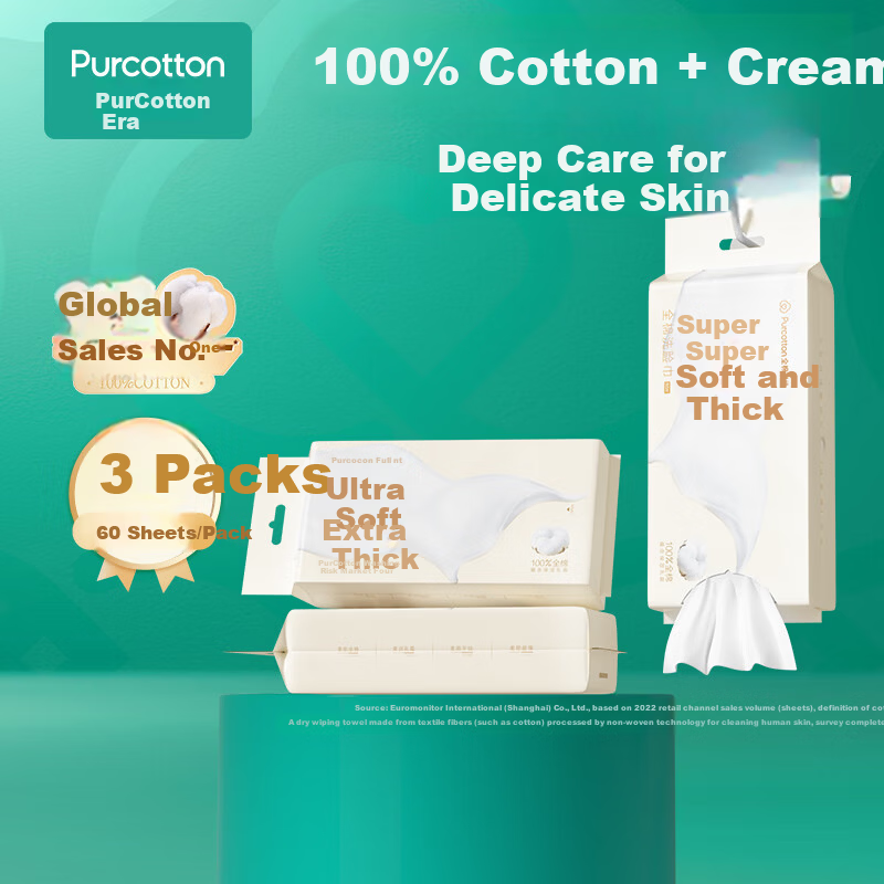 PurCotton [Sun Yingsha Edition] Facial Cleansing Wipes 60 Sheets*3 Packs Extra Thick Cream Wall-Mounted 100% Cotton Soft Towels 20*20CM