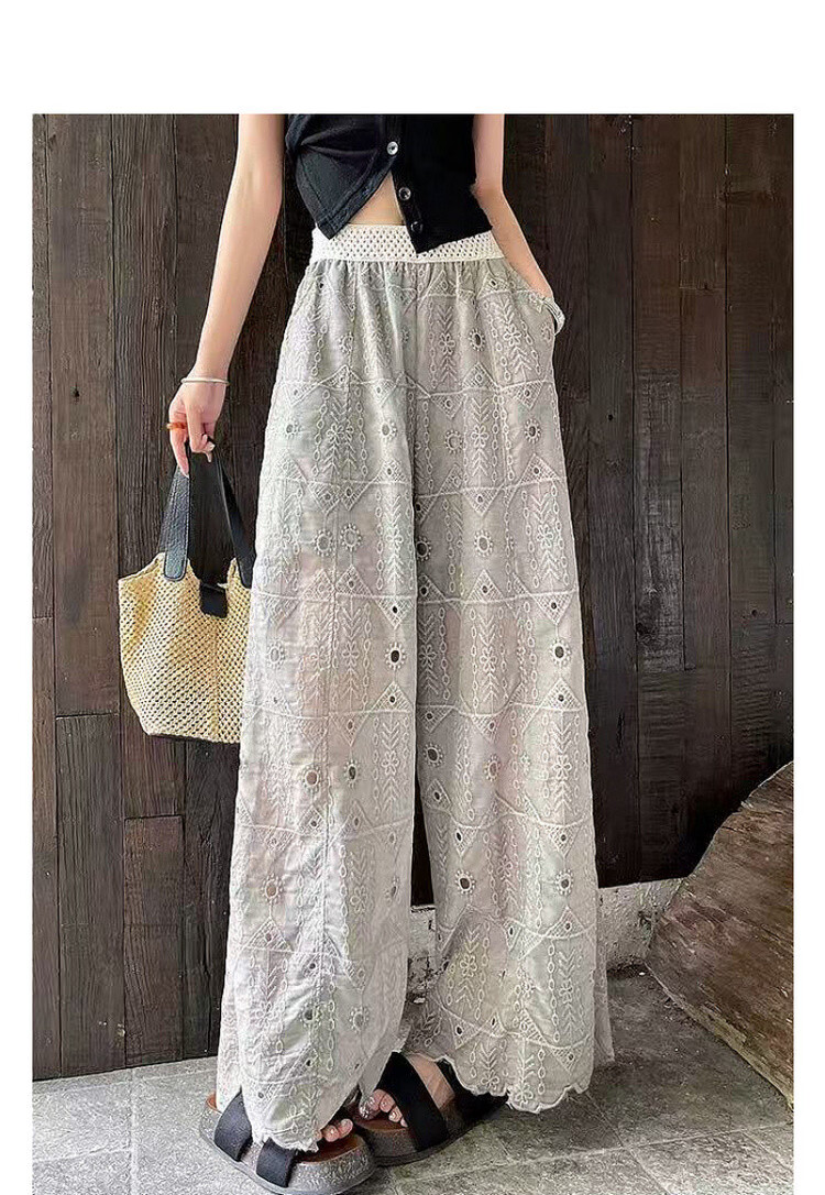 Demana Urban Light Vintage Embroidered Mesh Elastic Waist High-Waist Straight-Leg Slimming Casual Pants for Women 3