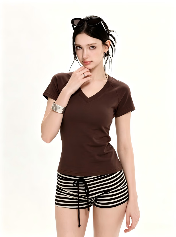 ICH MODE American Slim Fit V-Neck Shoulder Short Sleeve T-Shirt Women Summer New Slim Short Hot Girl Half Sleeve Top Dark Gray M 8