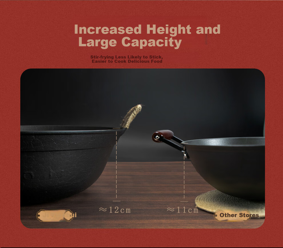 Jitie Hammer Cast Iron Wok Double-Handle Traditional Round Bottom Su Guo Wang Uncoated Turtle Pattern Large Belly Stir-Fry Pan Cast Iron Wok 34cm 8