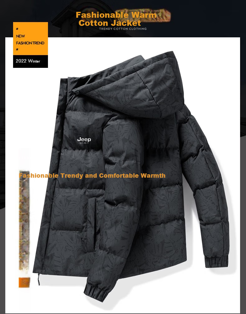JEEP SPIRIT Men's Cotton Jacket, Padded Coat with Long Sleeves, Thick Winter Outerwear, Hooded Windproof Cotton Overcoat 2