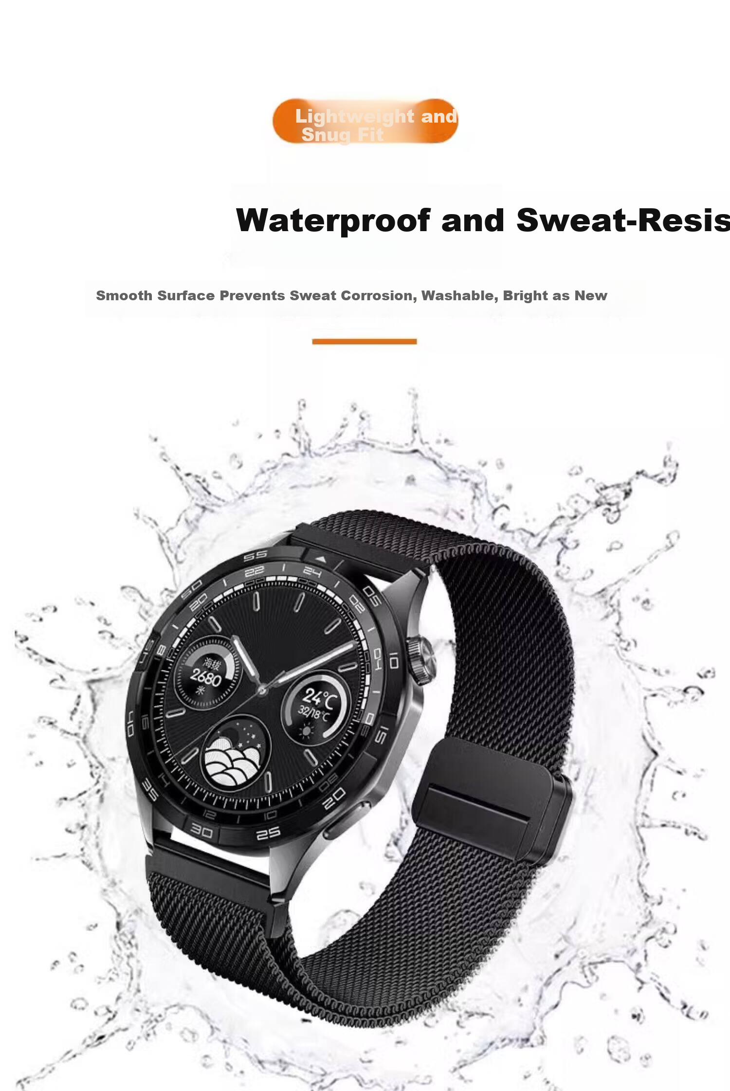 Watchbond Milanese Magnetic Stainless Steel Strap for OPPO Watch X3/X2, Watch 4 Pro/S, 46mm Dial 9