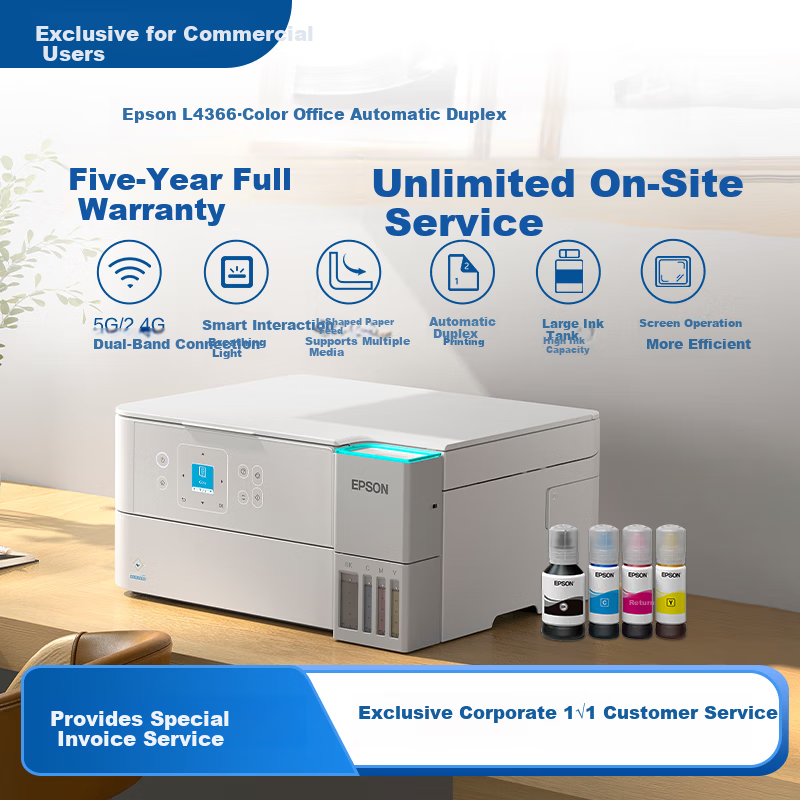 EPSON EcoTank L4366 Color Office Printer with 5-Year Unlimited On-Site Warranty, Duplex Printing/Copying/Scanning, 5G WiFi, Mobile Connectivity