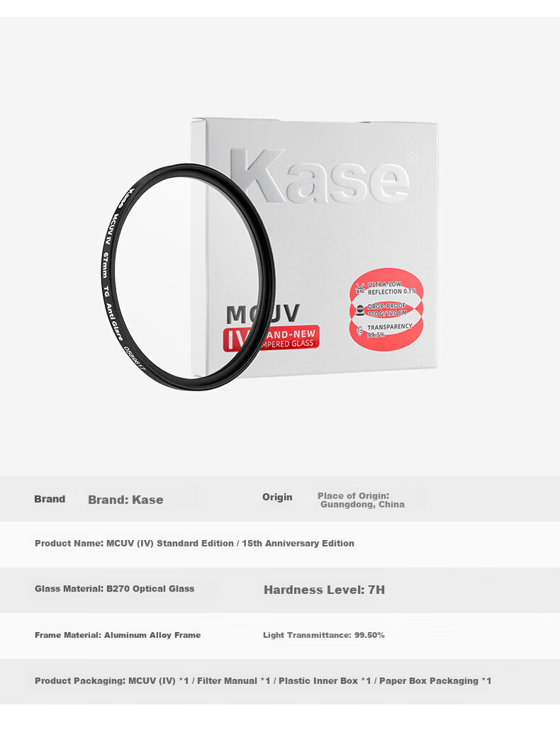 Kase UV Filter 4th Generation MCUV Filter 82mm High Definition High Transparency Anti-Glare Anti-Ghosting Anti-Drop Ultra-Thin No Vignetting Waterproof Scratch-Resistant Lens Protector 3